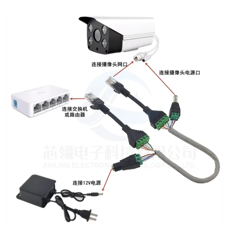 Pressure-free crystal head 4p terminal to RJ45 female socket network cable extension DC12V monitoring POE splitter multifunction