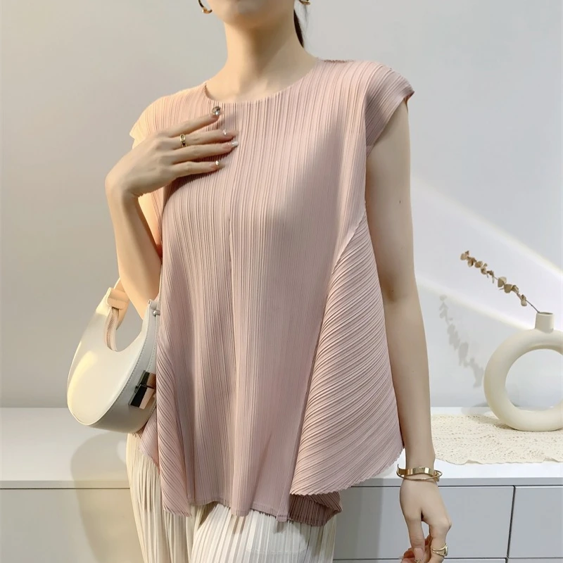 Miyake Pleated T-Shirt Summer New Simple Fashion Irregular Sleeveless Loose Casual Round Neck Women's Lightweight Stretch Top
