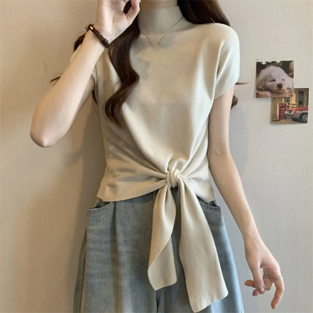 

Корейский стиль, кружевная футболка с коротким рукавом Kintwear Chic Y2K, укороченный топ, женские простые облегающие футболки с полувысоким воротником, уличная одежда