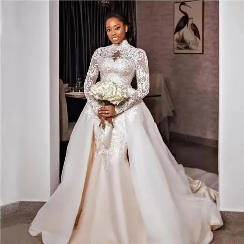 Graceful Lace Mermaid Wedding Dresses 2023 High Neck Plus Size Bridal Gowns Detachable Train Long Sleeve Arabic Vestido De Novia