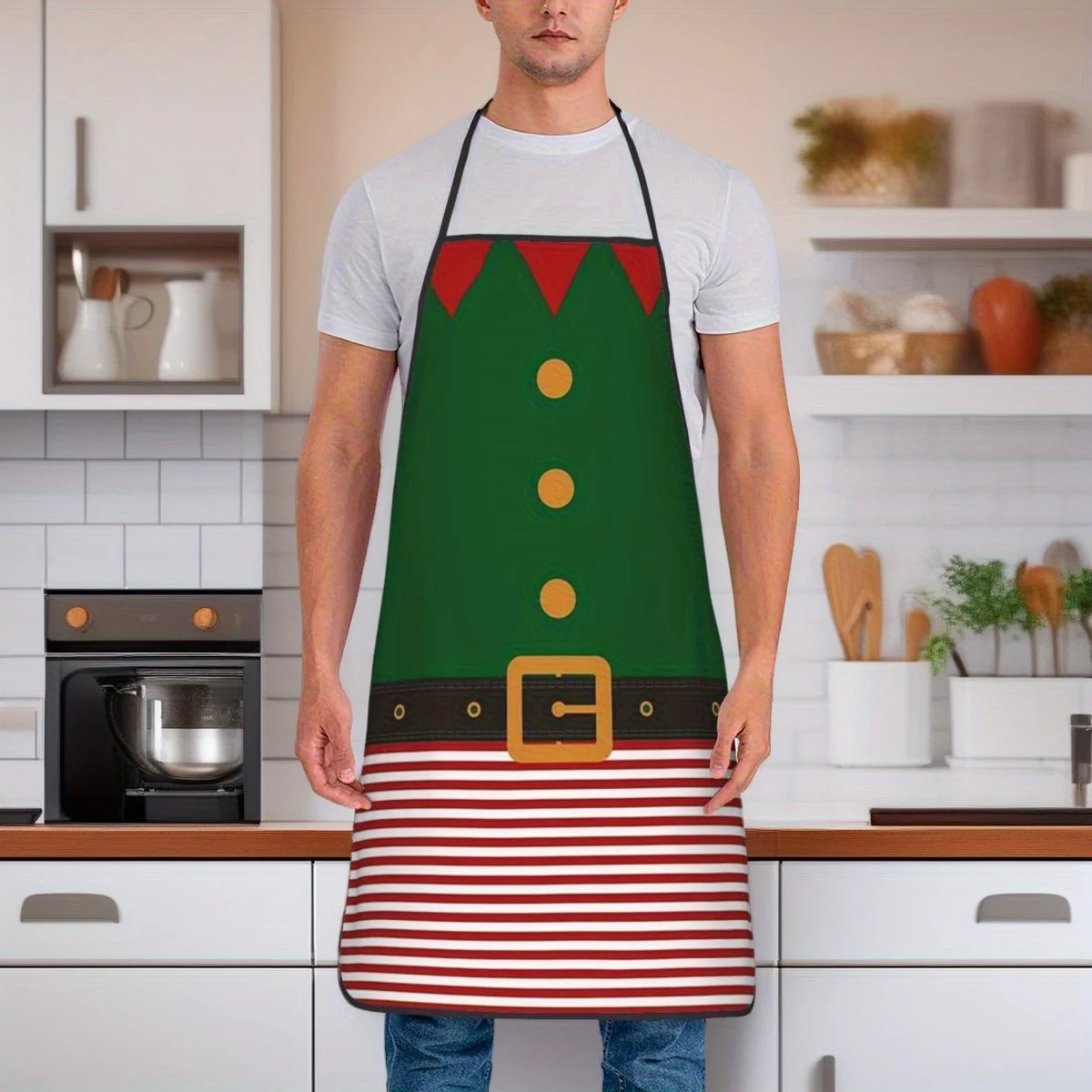 JIT1 Holiday Elf Themed Apron - Green with Red And White Stripes, Featuring Golden Buttons And a Belt, Measuring 52*72Cm, Perfec