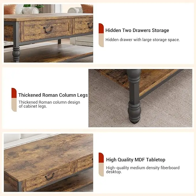 41 Inch Rustic Coffee Table with 2 Drawers, Industrial Wood & Metal Coffee Table with Storage Shelf Cocktail Table for Office