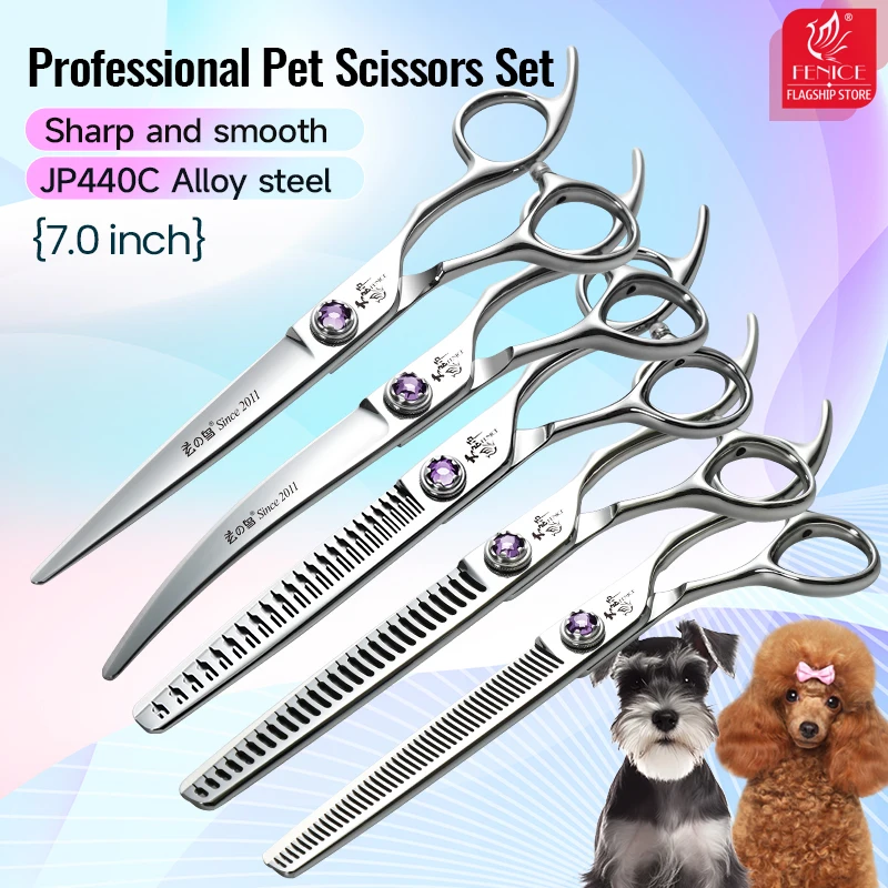 

Fenice Dog Grooming Scissors 7 Inch Trimming and Hairdressing Dogs Kits Straight&Thinner&Curved&Chunker&Natural Grooming Shears