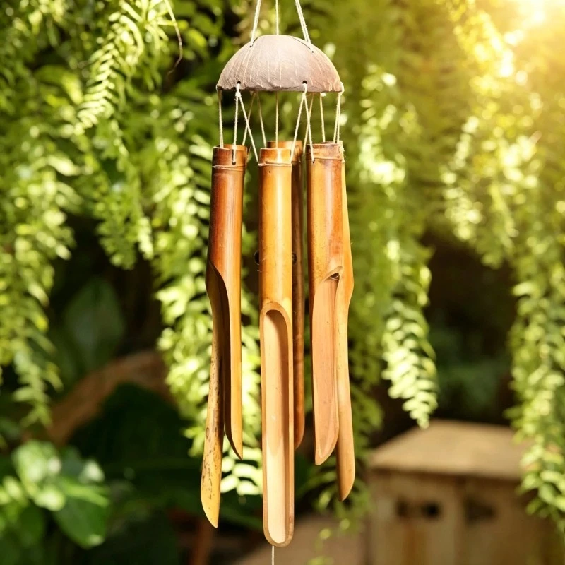 Bamboo Wind Bell Natural Coconut Shell Handmade Wind Chime Sound Healing Hanging Chimes Meditation Percussion Musical Instrument