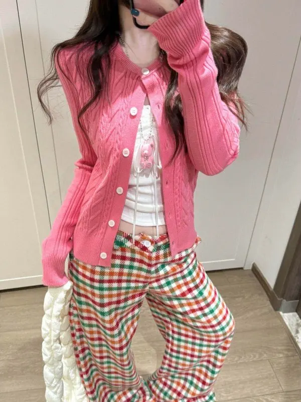 Dopamine Pink Knitted Cardigan Women's Early Spring Korean Style Sweet Style Slim Fit Sweater Jacket Top Youthful