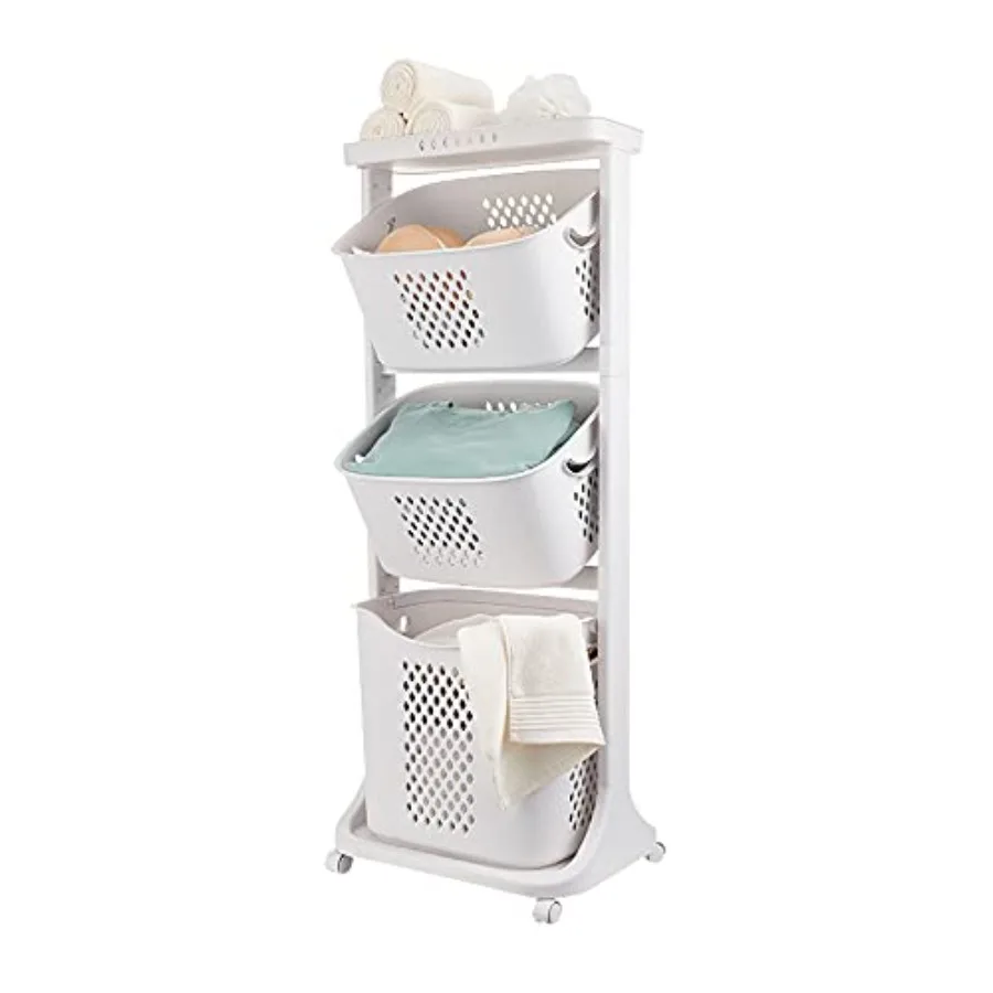 

Laundry Basket, 3 Tier Plastic Foldable Laundry Hamper Basket with Wheels Rolling Laundry Hamper Storage Sorter for Laundry Roo