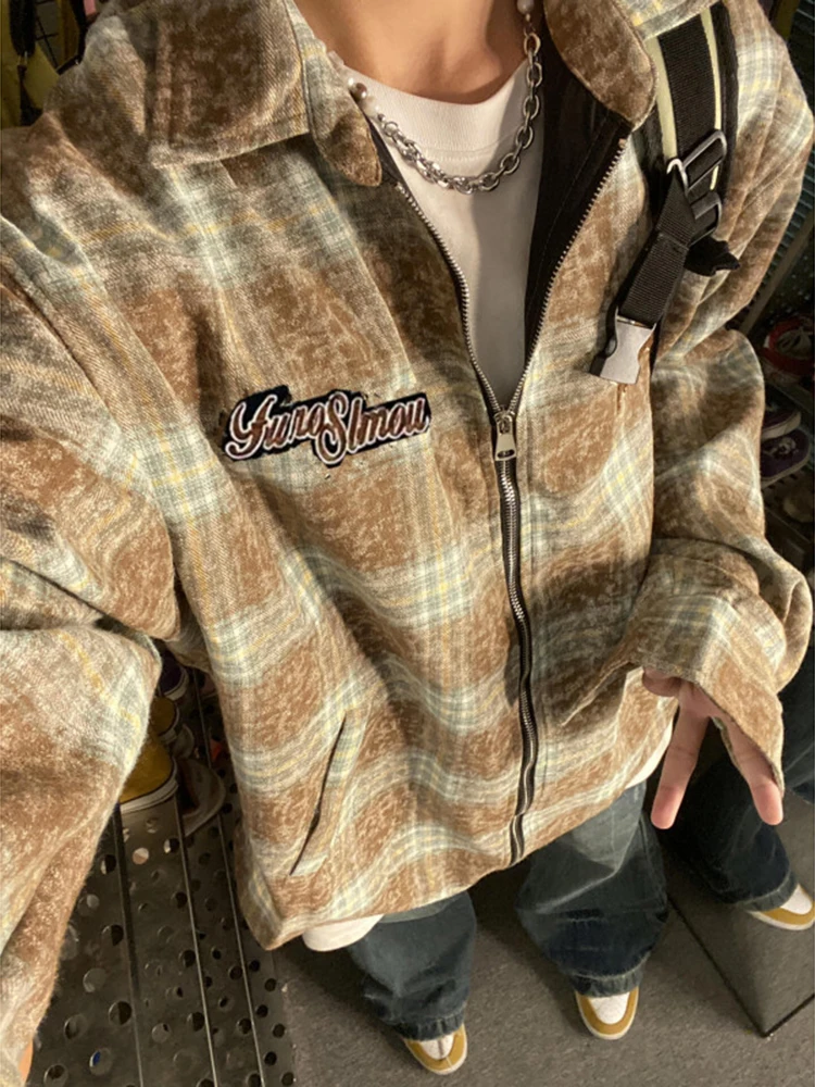 

Винтажное мужское длинное пальто в клетку Jaet с вышивкой звезд, осеннее длинное пальто в клетку в американском стиле, маленькое ветровое пальто свободного покроя