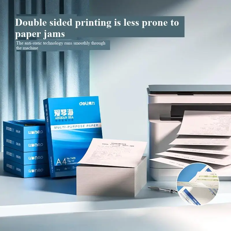 Pacote com 500 Folhas de Papel Multiuso A4 Deli 70/80g Série Mar Egeu Papel para Cópia e Impressão 7420/7433