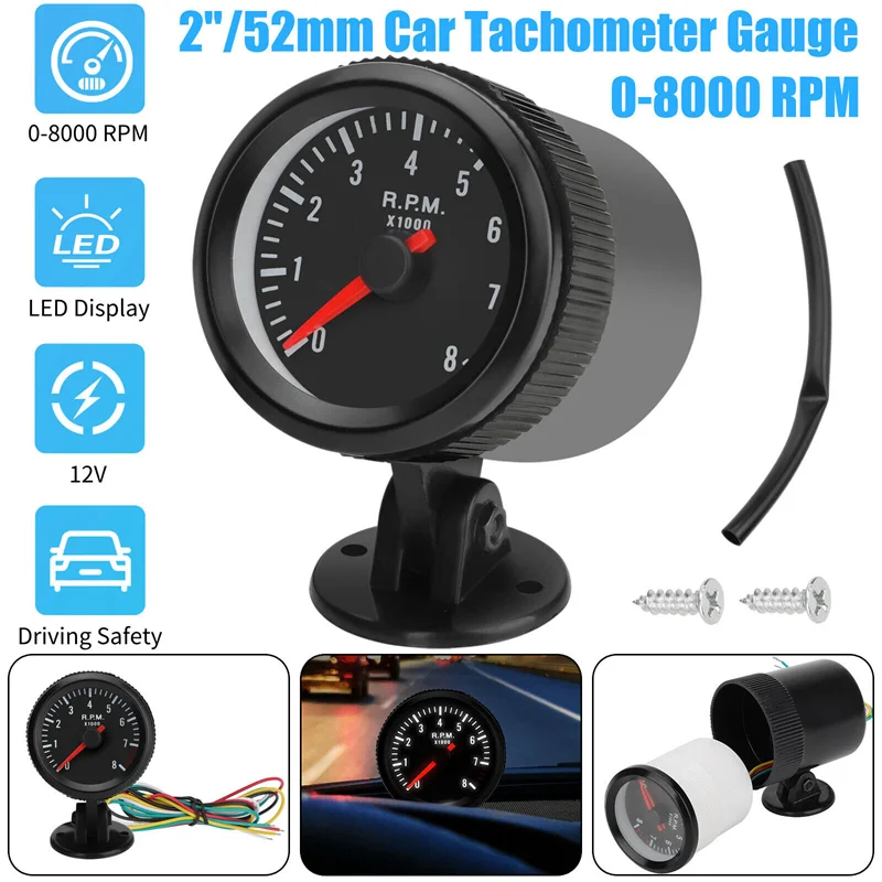 

2" 52mm Car Meter Tachometer RPM Gauge 0-8000RPM Analog Black Case With White LED For 1-8 Cylinders Gasoline Car