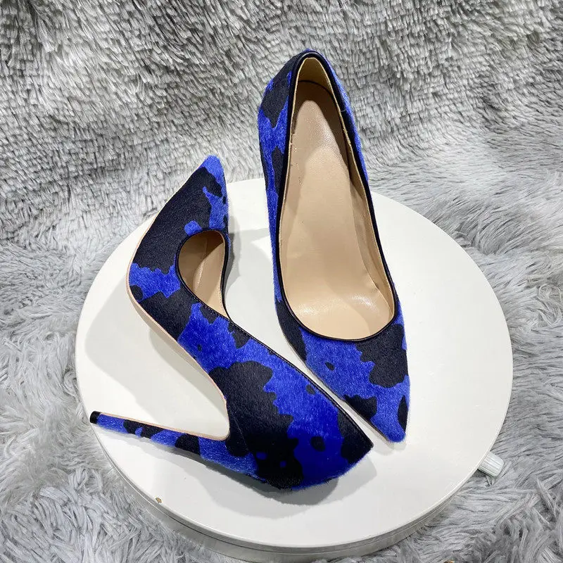 European and American New Pointed Blue and Black Camouflage Horsehair Celebrity High Heel Thin Heel Light Mouth Single Shoes