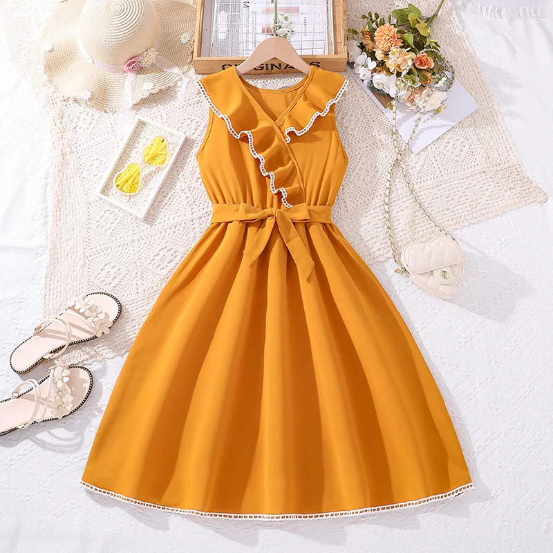 Girls Yellow Sleeveless Diagonal Lace Dress & Belt Elegant Children For 8-12 Years Birthday Party Daily Clothes