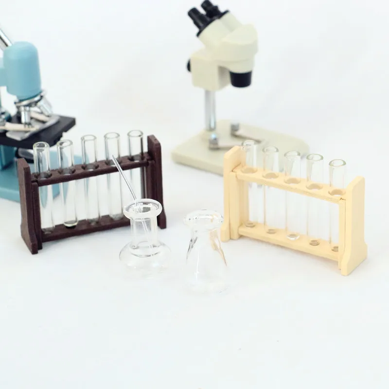 Dollhouse Miniature Laboratory Glass Test Tubes with Wooden Rack Dropper Measuring Cup Simulation Physical Chemistry Experiment