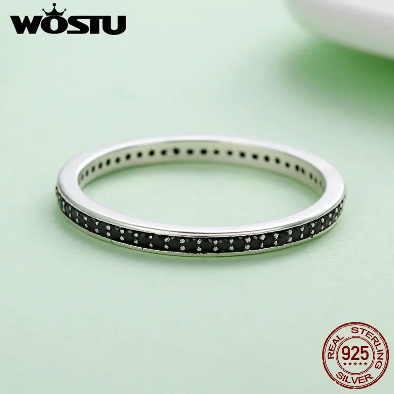 WOSTU Authentic 925 Sterling Silver Finger Stackable Rings With Black CZ For Women Fashion Jewelry Fine Gift FIR114