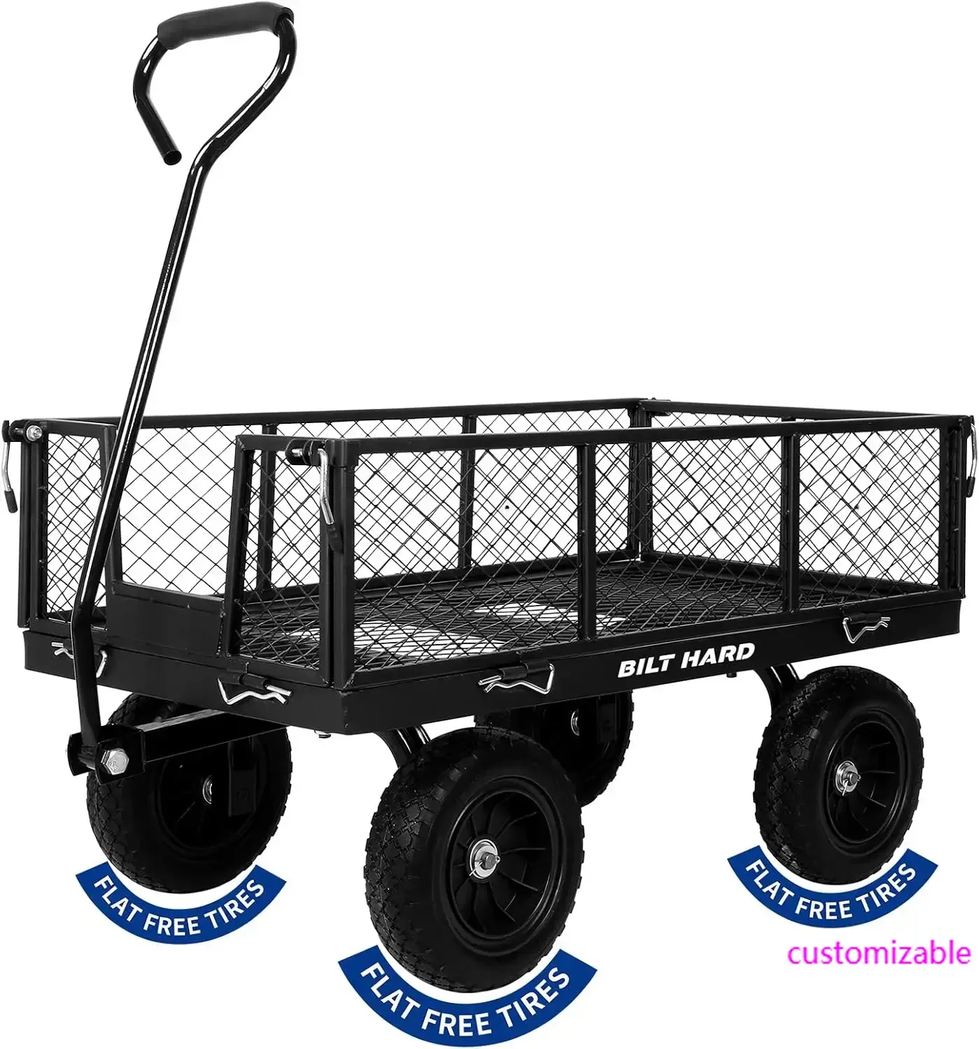 

880 lbs 10" Flat Free Tires Steel Garden Cart with 180° Rotating Handle and Removable Sides, Heavy Duty 4 Cu.Ft , Black
