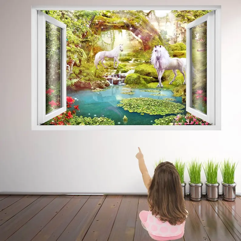 Unicorn Enchanted Forest Fantasy Wall Sticker Mural Decal Print Art Kids Girls Bedroom Decor AZ34