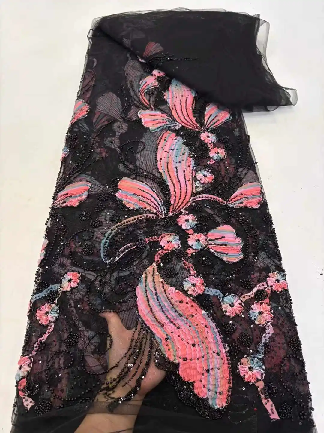 5 ياردة الترتر الأفريقي الخرز الدانتيل النسيج 2025 جودة عالية ثلاثية الأبعاد زهرة الفرنسية شبكة تول التطريز الزفاف الدانتيل المواد