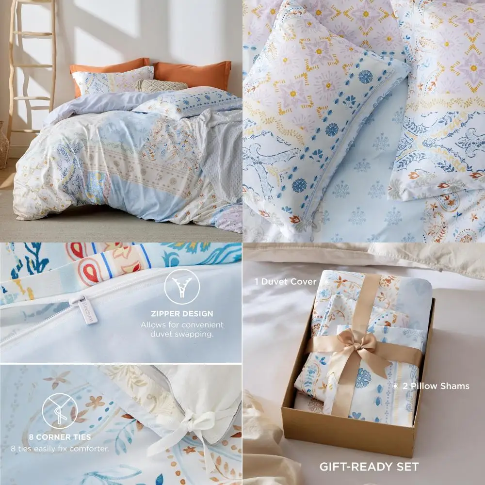 

Винтажный двусторонний комплект постельного белья с цветочным узором для двуспальной кровати (Queen), 3 предмета: пододеяльник на молнии, 8 завязок и 2 наволочки 20x26