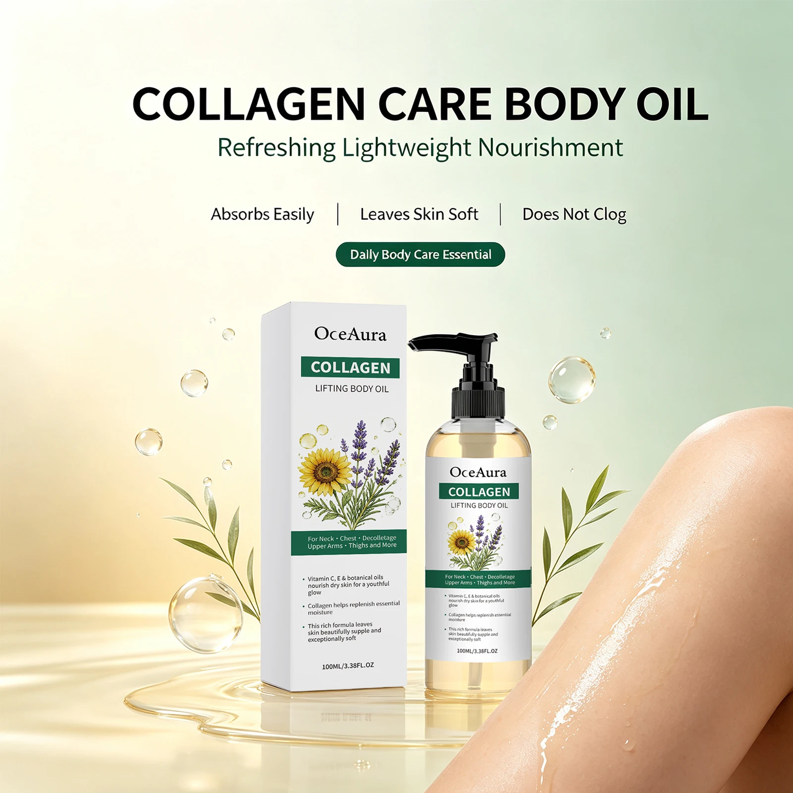 Collagen Body Oil for Neck Chest Thighs Arms, Improve Dry Rough Skin Nourish Body Oil Smooth Fine Lines Deep Hydration Skin Care