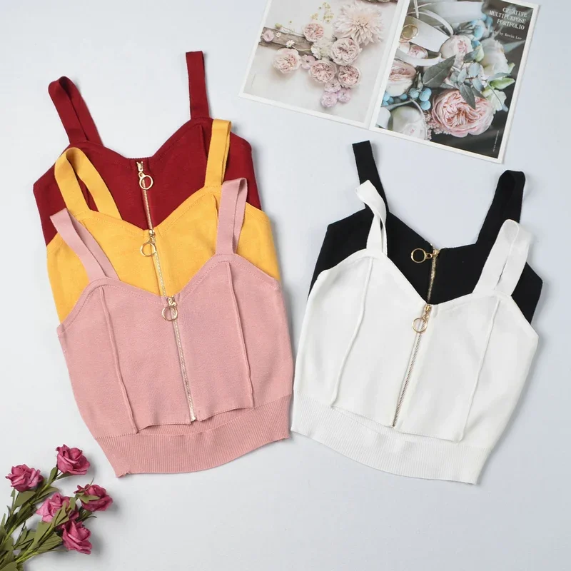 

2025 Solid Slim Crop Top Women Summer T-shirt Y2K Elastic Camis Women Zipper Fly Camisoles Knit Sexy Backless Off Shoulder Tops