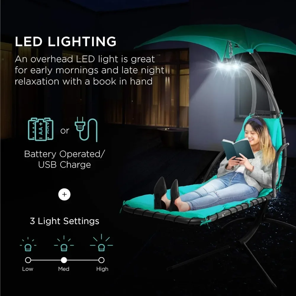 Hanging LED-Lit Curved Chaise Lounge Chair Swing for Backyard, Patio, Lawn w/ 3 Light Settings, Weather