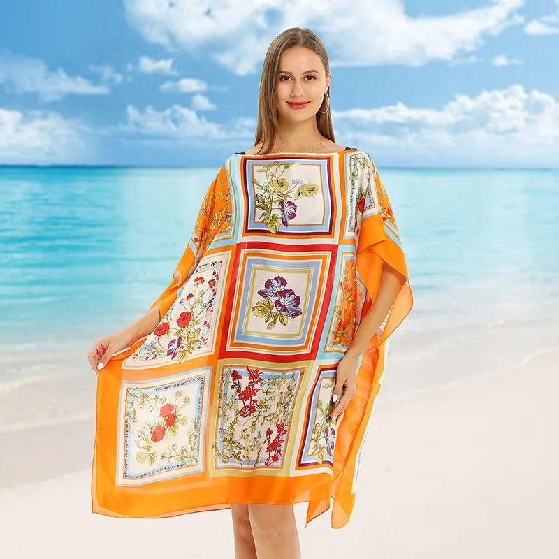 

Beach Cape Cloak WomenPoncho Seaside Holiday Spring and Summer Lady Beach Coat Shawl Imitation silk pullover printed beach