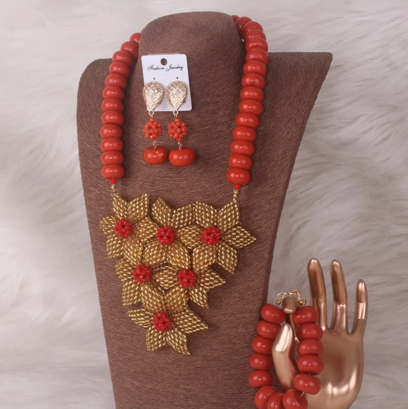 

Artificail Coral Beads African Jewelry Set Handmade Flowers Nigerian Bridal Party Jewellery Necklace Bracelet Earrings set