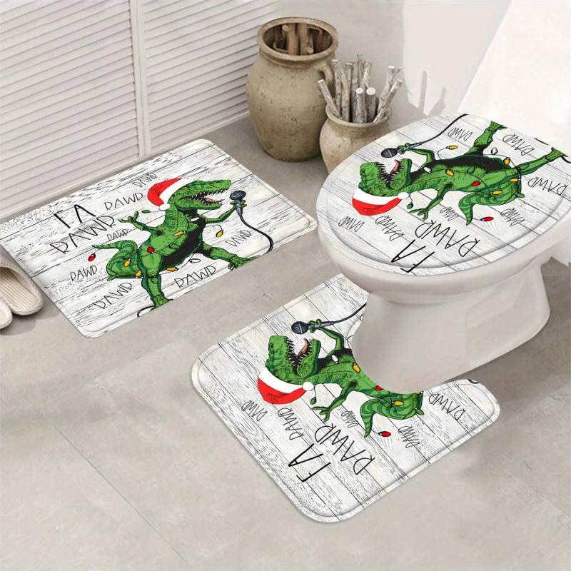 1pcs/4pcs Christmas A Singing Dinosaur Shower Curtain Gift Modern Home Bathroom Decoration Curtain and Toilet Floor Mat 3-piece