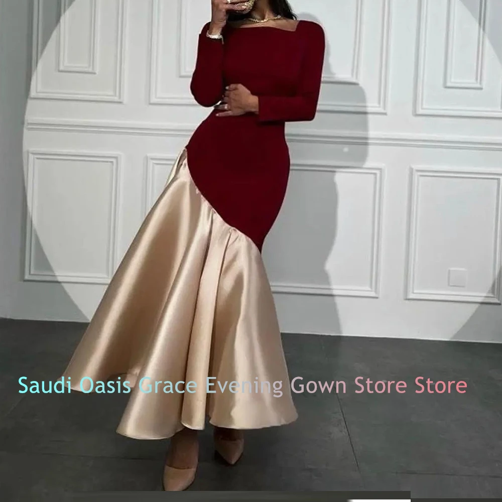 Graceful and Fashion A-Line Square Neck Long Sleeves Evening Dress Ruffles Ankle Length Celebrity Gowns  Saudi Arabia 2024