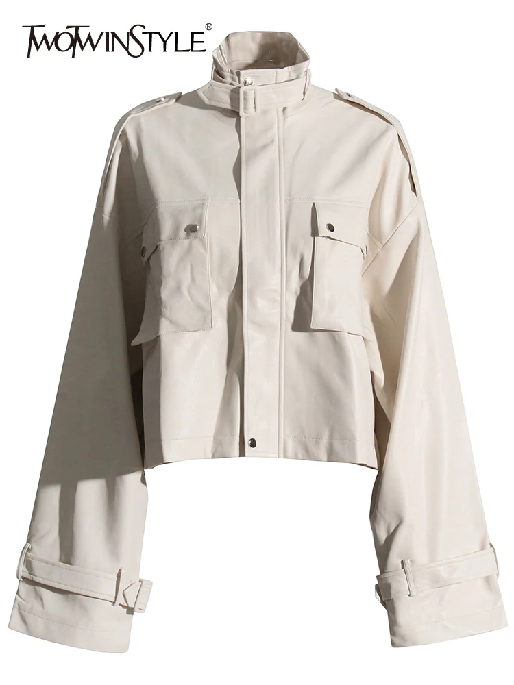 

TWOTWINSTYLE Solid Casual Spliced Pockets Jackets For Women Stand Collar Long Sleeve Patchwork Zipper Elegant Jacket Female New