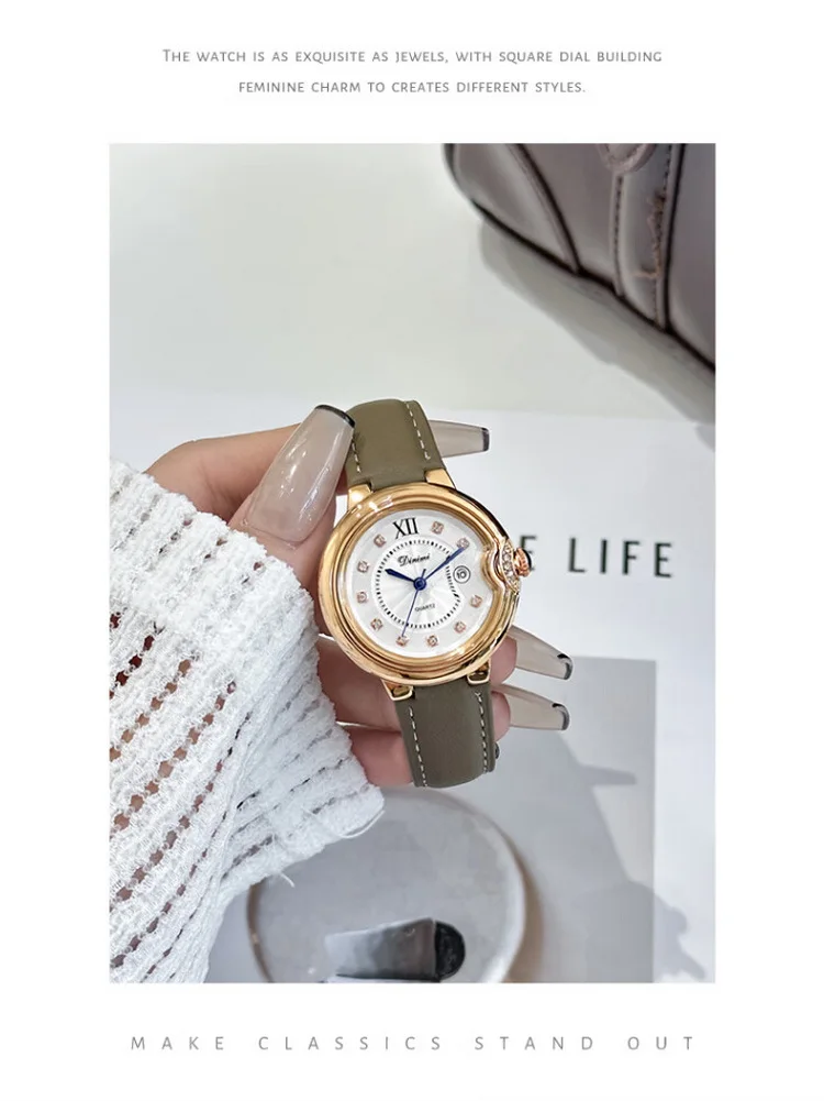 DINIMI Watch female  high school students fashion retro temperament leisure light luxury rhinestone belt simple large