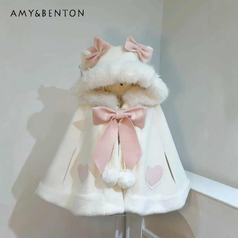 Lolita Princess Bow Plush Hooded Cloak Winter New Japanese Style Sweet Cute Rabbit Ears Thickened Warm Cloak Jackets for Women