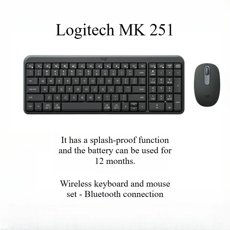 Logitech MK251 Wireless Bluetooth Keyboard and Mouse Set, with battery lasting for 12 months, suitable for office use