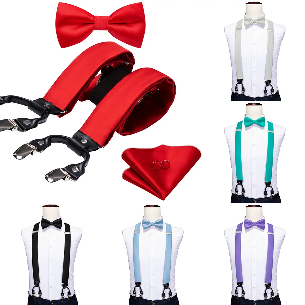 

Превосходные красные мужские подтяжки для рубашки, модные шелковые регулируемые носовые платки с 6 зажимами и галстуком-бабочкой, набор запонок, свадебный подарок, Barry.Wang