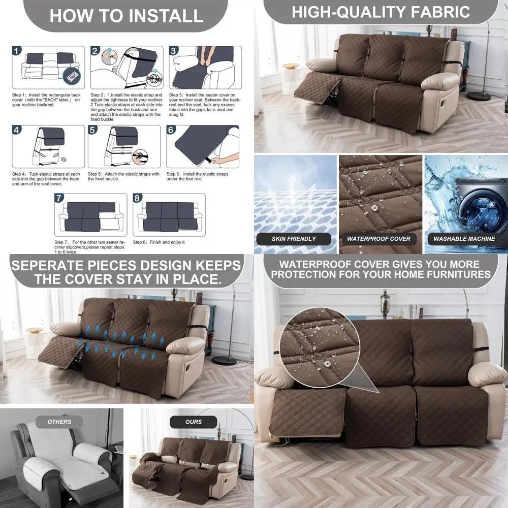 

3 Seater Waterproof Recliner Chair Covers - Non-Slip, Washable Sofa Slipcover with Elastic Straps for Kids, Dogs, Pets Protectio