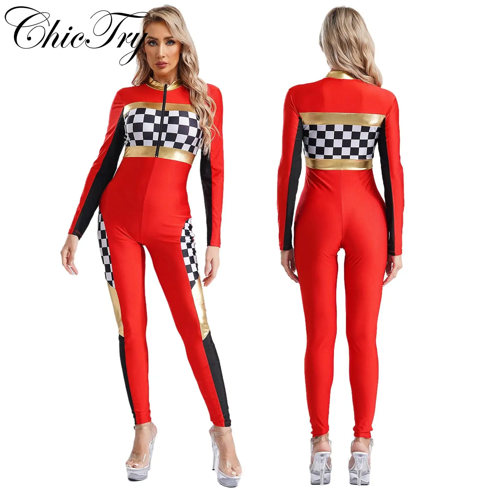 Womens Car Racer Driver Costume Checkerboard Racing Halloween Cosplay Jumpsuit Long Sleeve Plaid Bodysuit Romper Party Dress Up