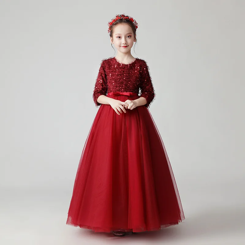 Child Girl Evening Plush Sequin Dress Princess Elegant Pageant Formal Birthday Party Long Ball Gown Big Kids Red Pink Grey Frock