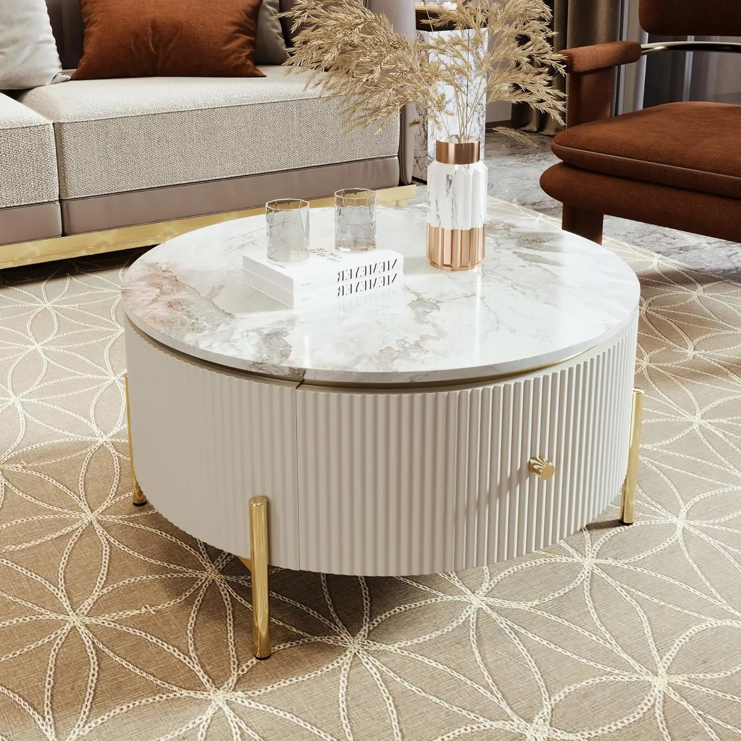 Modern Round Coffee Table with 2 Large Drawers Storage Accent Table, Beige