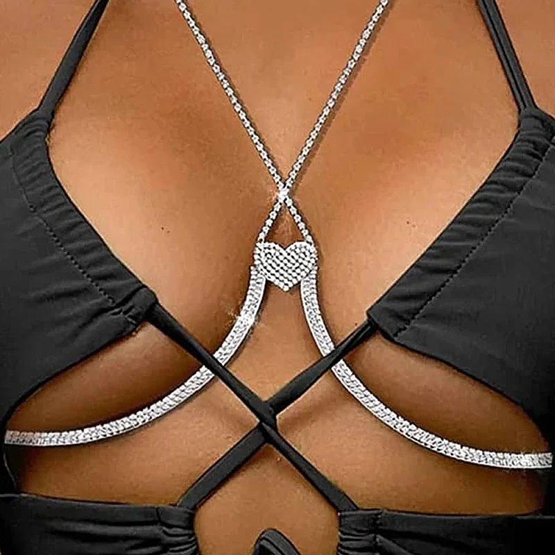 Shining Zircon Tassel Sexy Beach Women Bra Cross Bikini Within Hollow Out Body Chain Fine Chest Chain Girl Wedding Accessories