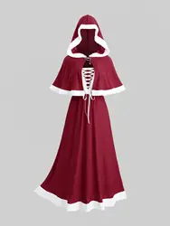 ROSEGAL Plus Size Maxi Dresses Women's Christmas Lace Up Fleece Trim Tank Dress and Heart Buckle Chain Hooded Cloak Red Costumes