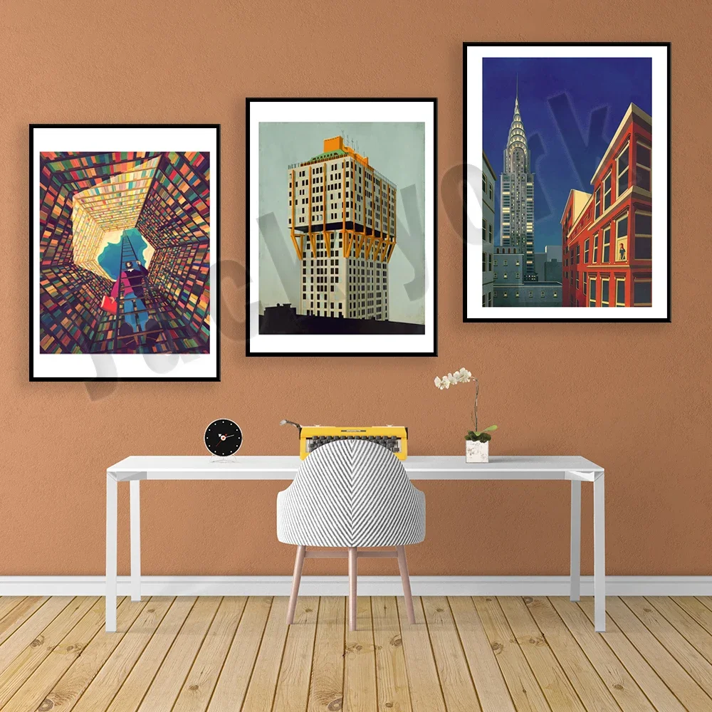 Italian Dance Sunset, Babel Library, Book Shelves, New York Architecture Skyline, Miami Arts Festival Architecture Print Poster