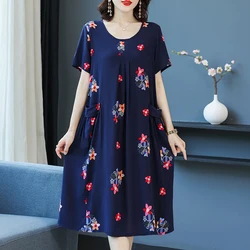 Summer Floral Dress Woman Loose O-neck Casual Short Sleeve Sundress Vintage Dresses for Women Clothing