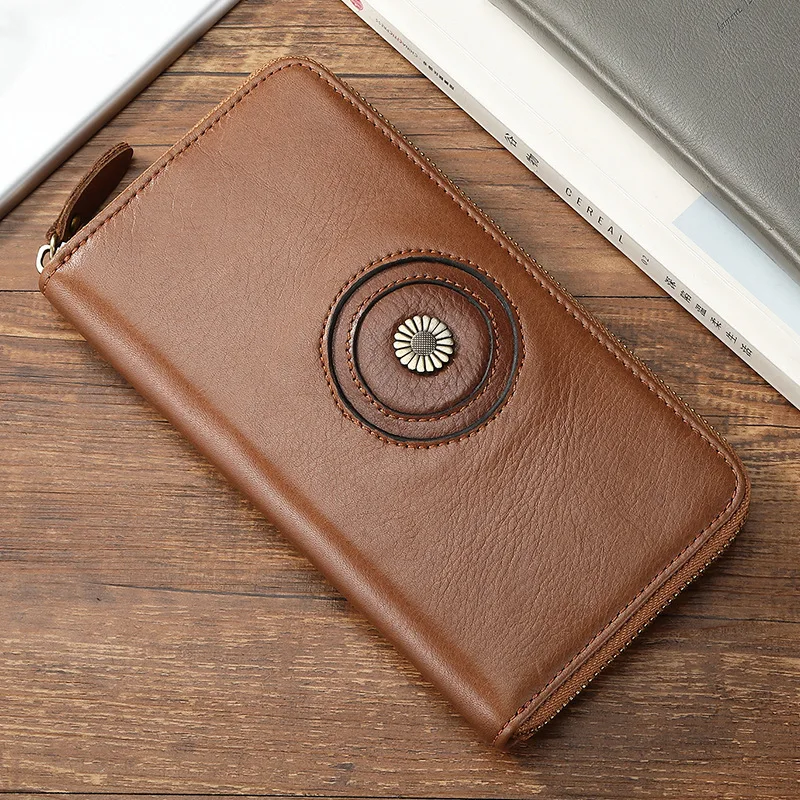Handmade Retro Fashion Genuine Leather Money Purse Cowhide Casual Long Zipper Clutch Bag Men Wallet