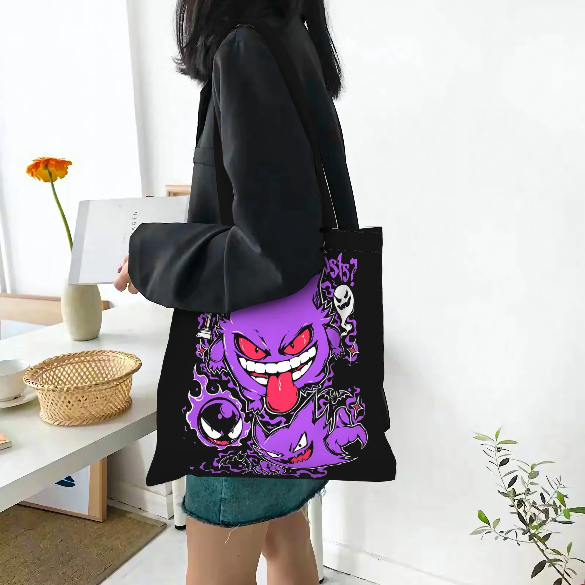 Customized Pokemon Women's Bag Shopping Bag Reusable Double Sided Canvas Tote Bag Shoulder Gengar Ghost Handbag