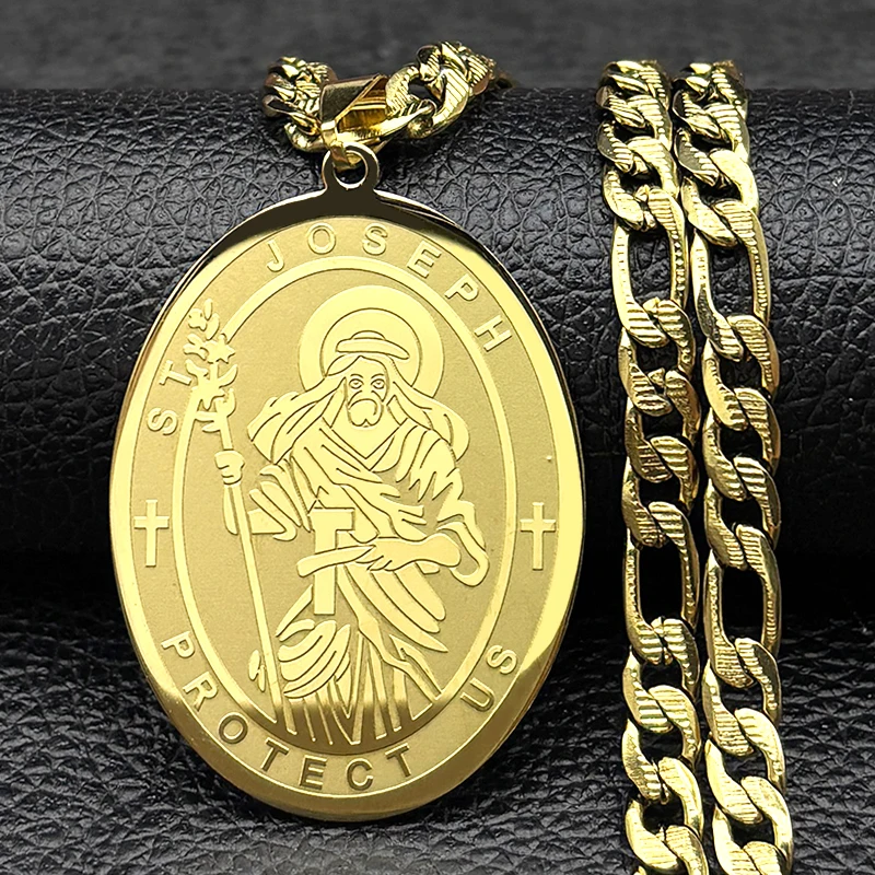 سانت جوزيف حماية لنا البيضاوي قلادة قلادة للنساء الرجال الفولاذ المقاوم للصدأ الذهب اللون الكاثوليكية الهيب هوب سلسلة ميدالية مجوهرات هدية #4
