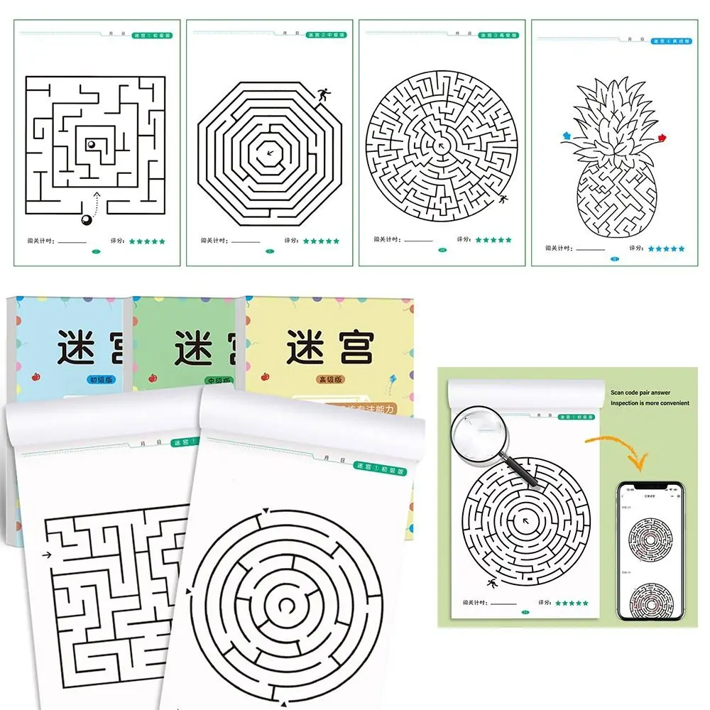 Multicolor Maze Training Livro, Papel, Diferentes Níveis de Dificuldade, Puzzle, Labirinto Jogo, Atenção Pensamento