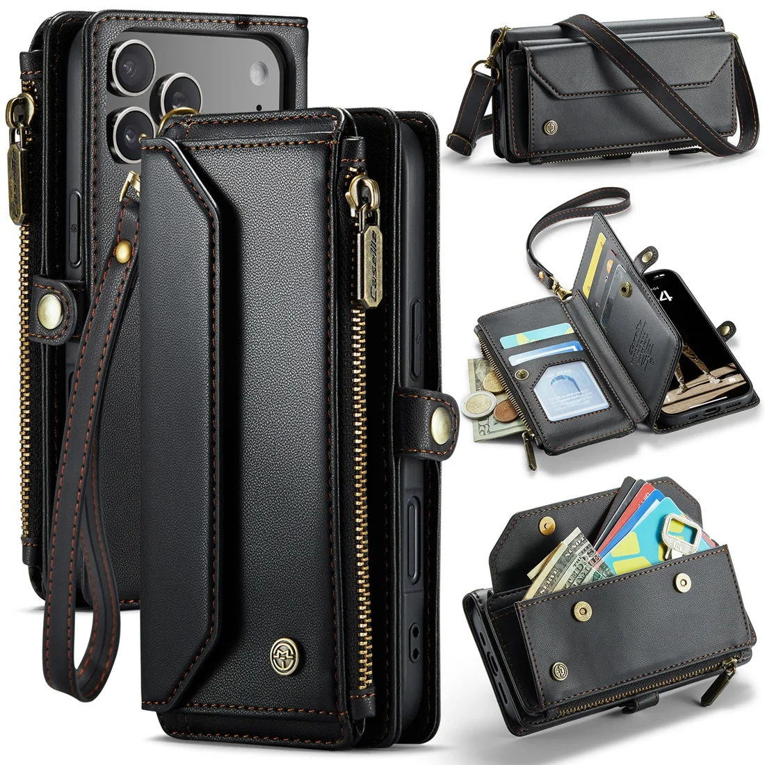 

For iPhone 17 Air,17 Pro Card Holder Phone Case,Leather Flip Case with Crossbody Strap Wristlet Kickstand for iPhone 17 Pro Max