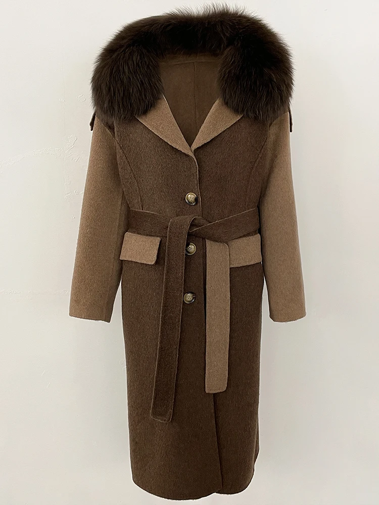 2025 nova moda outono inverno roupas femininas real pele de raposa jaqueta de lã feminino longo retalhos dupla face casaco de caxemira de lã