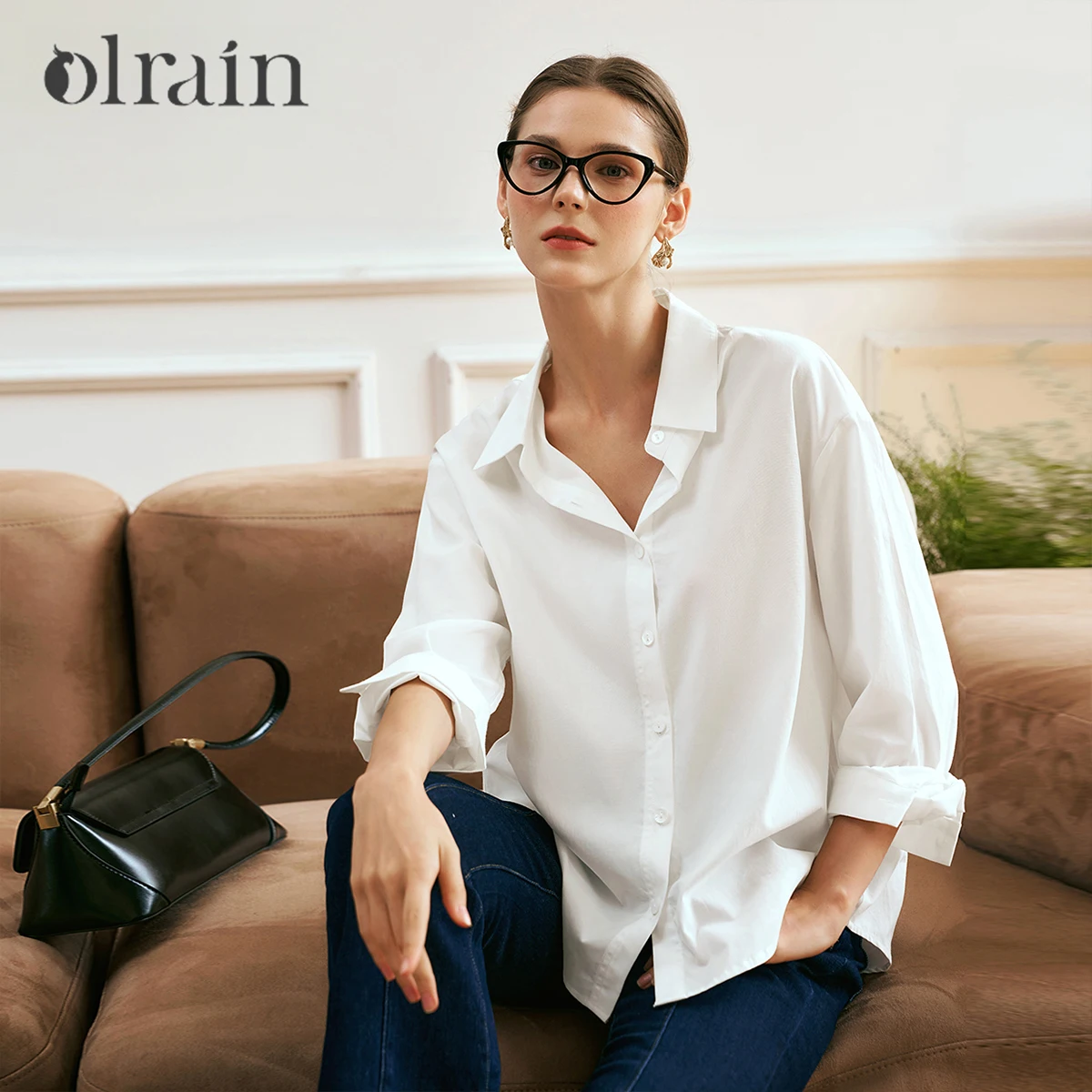 

OLrain Women's White Long Sleeve Shirt 2025 Autumn New Arrival Loose-fit Turn-down Collar Dropped Shoulders Shirt O57QC83600