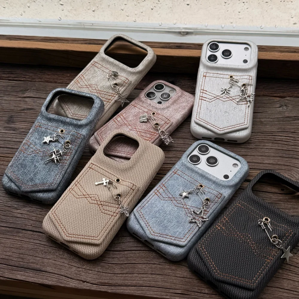 Denim Texture Card Holder Phone Case With Metal Star Charm Pendant for iPhone 17 16 15 Pro Max Shockproof Protective Cover