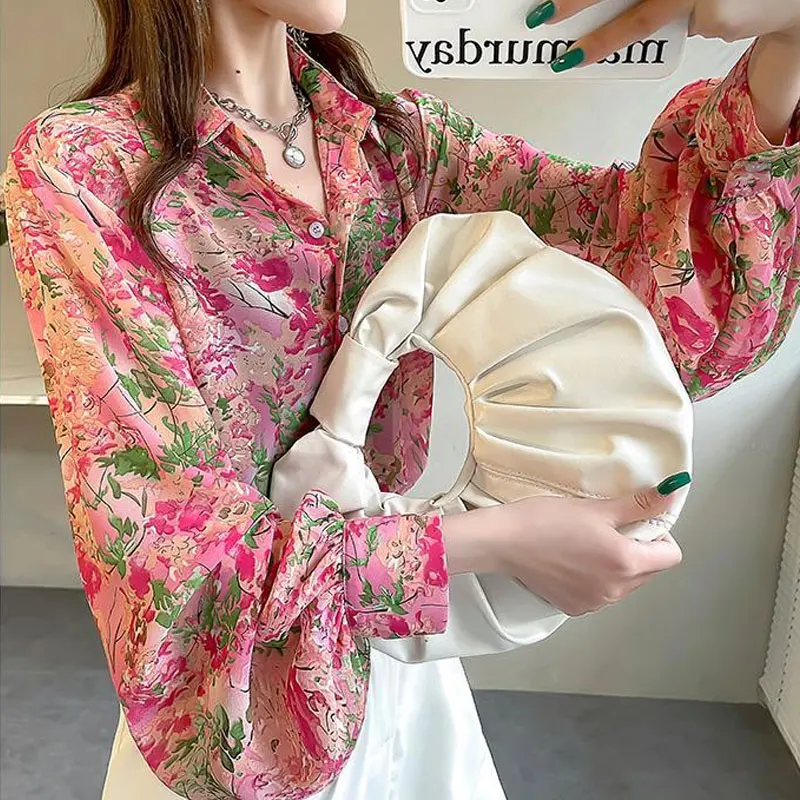 Japan Style Flowers Printed Blouse Fashion Turn-down Collar Spring New Long Sleeve Female Clothing Commute Single-breasted Shirt